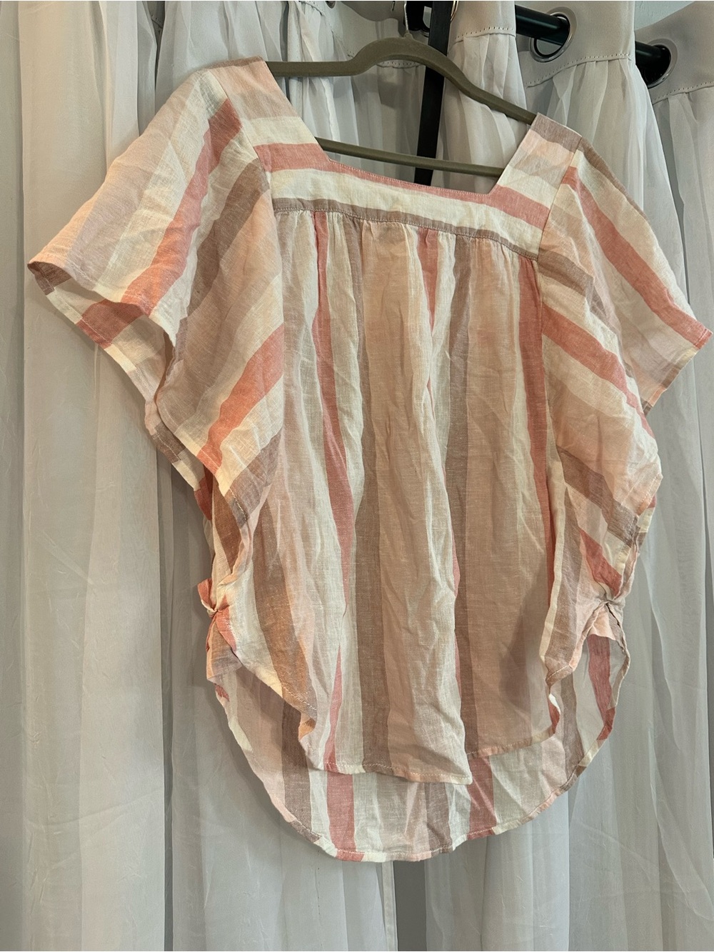 Light Pink & Cream Striped Square Neck Womenโs Linen Blend Top
